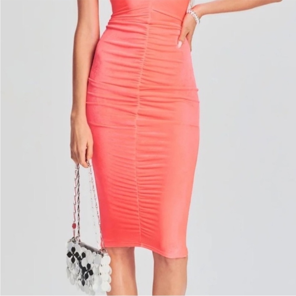 SER.O.YA Neon Coral Ruched Bodycon Midi Dress NWT S Spaghetti Strap - Picture 9 of 11